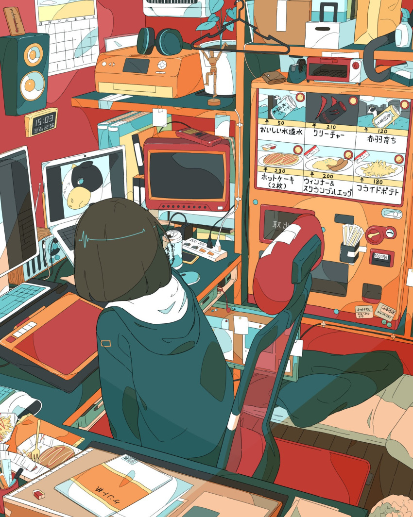 1girl, akabane_1999, black_hoodie, bob_cut, book, brown_hair, calendar_(object), can, chair, clock, clothes_hanger, clutter, commentary, computer, digital_clock, drawing_tablet, electric_plug, electric_socket, facing_away, food, fork, highres, hood, hood_down, hoodie, indoors, keyboard_(computer), laptop, leaning_forward, long_sleeves, messy_room, monitor, original, plant, potted_plant, short_hair, sitting, solo, speaker, television, upper_body, vending_machine, wallet
