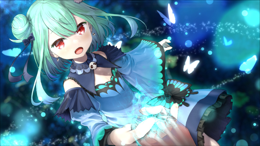 1girl, 1other, animal_print, bangs, bare_shoulders, blue_dress, blue_sleeves, blush