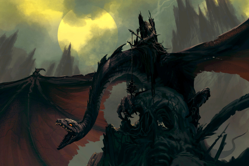 1boy, armor, creature, crown, fellbeast, highres, holding, legendarium