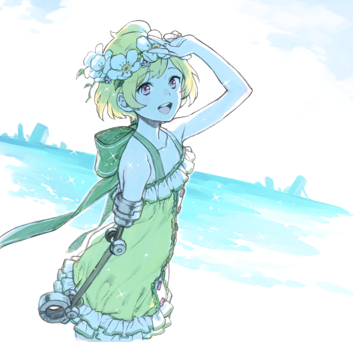 1girl, :d, arm_up, back_bow, bangs, blonde_hair, bow, collarbone