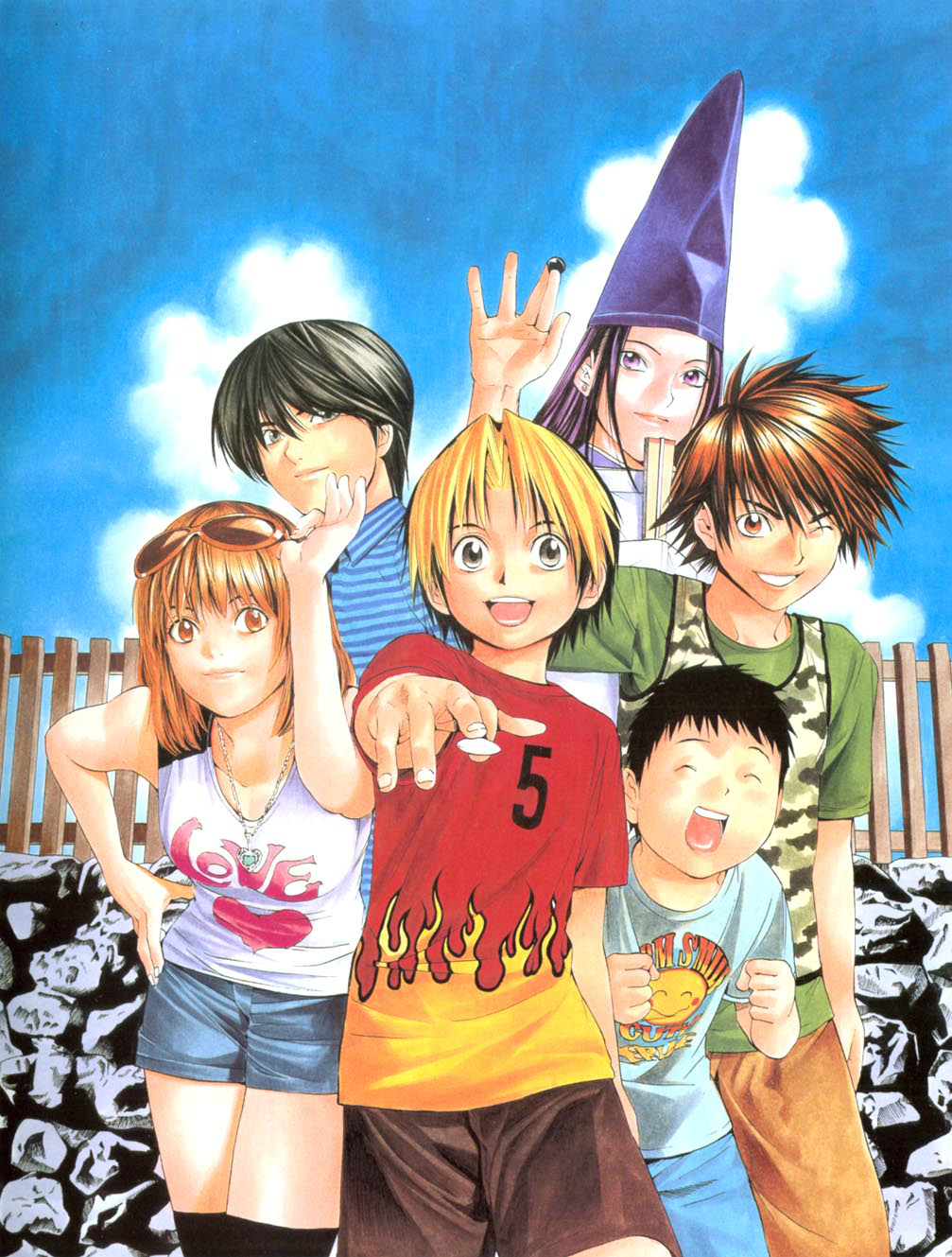 1girl, 5boys, :d, ^_^, bangs, black_hair, black_legwear, blonde_hair