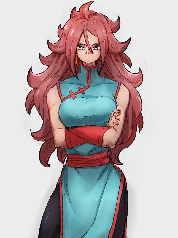 1girl, android_21, blue_dress, blue_eyes, breasts, chi-chi_(dragon_ball), chi-chi_(dragon_ball)_(cosplay), china_dress, chinese_clothes, cosplay, crossed_arms, dragon_ball, dragon_ball_(classic), dragon_ball_fighterz, dress, earrings, glasses, grey_background, hair_between_eyes, hoop_earrings, jewelry, kemachiku, long_hair, looking_at_viewer, medium_breasts, redhead, simple_background, solo