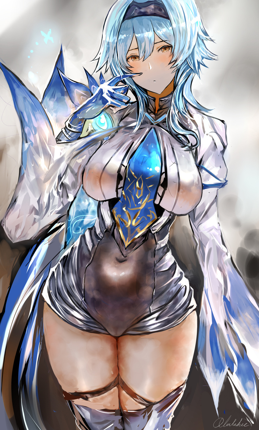 1girl, absurdres, bangs, black_gloves, black_hairband, black_legwear, black_leotard, blue_cape, blue_hair, blue_neckwear, blush, breasts, cape, eula_lawrence, genshin_impact, gloves, hair_ornament, hairband, highres, jewelry, large_breasts, leotard, long_sleeves, looking_at_viewer, medium_hair, necktie, olalehee, pendant, sidelocks, thigh-highs, thighs, vision_(genshin_impact), yellow_eyes