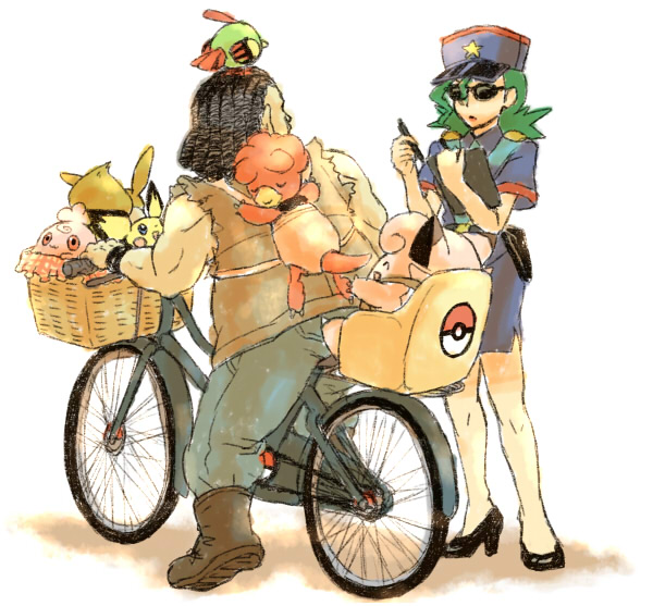 1boy, 1girl, basket, bicycle, biker_(pokemon), black_hair, clefairy, eevee, green_hair, igglybuff, junsaa_(pokemon), magby, natu, pichu, pokemon, pokemon_(anime), pokemon_(creature), pokemon_(game), pokemon_gsc, pokemon_rgby, police, police_uniform, policewoman, sunglasses, uniform, yapo_(mess)