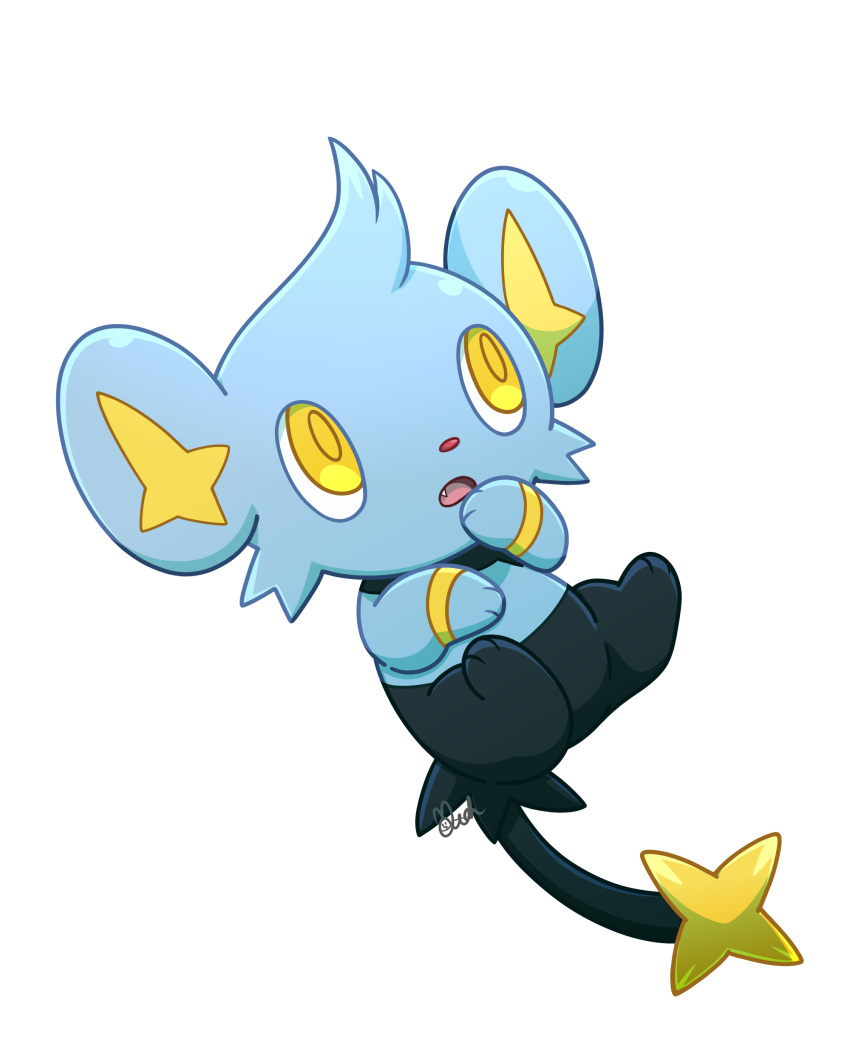 absurdres, commentary_request, creature, fang, full_body, gen_4_pokemon, highres, looking_up, matou_itsushi, no_humans, open_mouth, pokemon, pokemon_(creature), shinx, signature, simple_background, solo, tongue, white_background, yellow_eyes