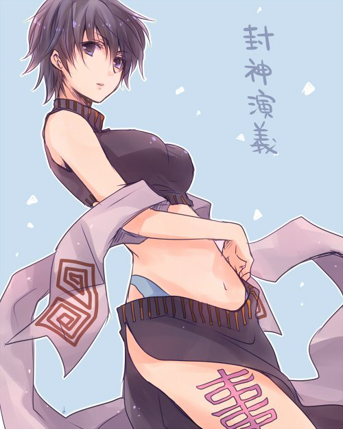 1girl, bangs, bare_arms, bare_shoulders, black_hair, blue_background, breasts, crop_top