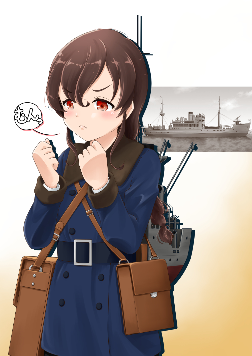 1girl, bag, blue_coat, braid, brown_hair, clenched_hands, coat, commentary_request