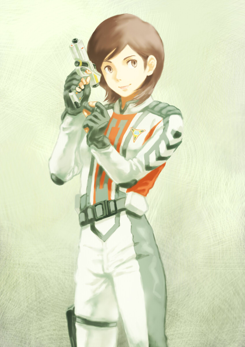 1girl, bad_id, belt, brown_eyes, brown_hair, female, fingerless_gloves, gloves, gun, highres, smile, solo, ultra_series, ultraman_tiga_(series), weapon, yanase_rena, yapo_(mess)