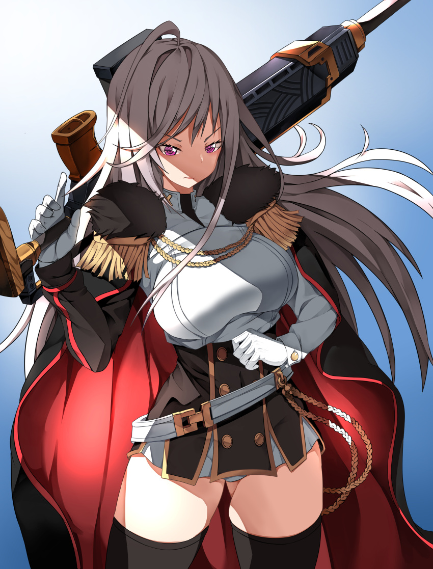 1girl, absurdres, ahoge, belt, breasts, cape, coat, firearm