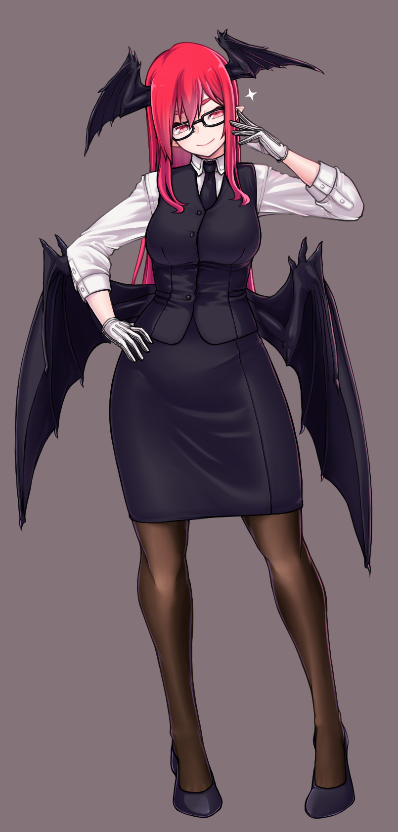 1girl, bat_wings, black-framed_eyewear, black_dress, black_footwear, black_skirt, black_vest, breasts, collared_shirt, commentary_request, demon_girl, demon_wings, dress, duplicate, glasses, gloves, grey_background, haiiro_gundan, hair_between_eyes, hand_on_hip, head_wings, high_heels, highres, koakuma, large_breasts, layered_clothing, long_hair, long_sleeves, low_wings, necktie, pantyhose, pencil_skirt, pixel-perfect_duplicate, pointy_ears, red_eyes, red_neckwear, redhead, shirt, sidelocks, skirt, skirt_set, sleeves_rolled_up, smile, touhou, twinkle_eye, vest, white_gloves, white_shirt, wings