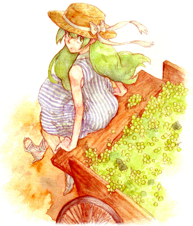 bad_id, dress, food, fruit, grapes, green_eyes, green_hair, hat