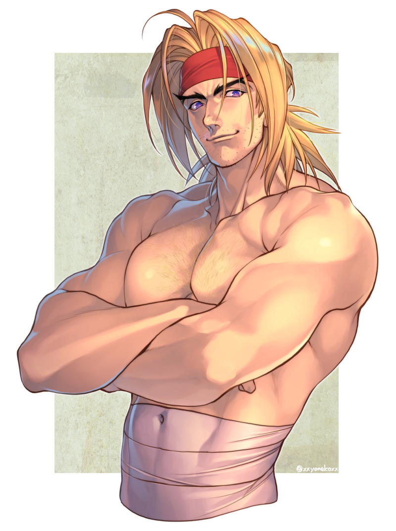 1boy, abs, bangs, blonde_hair, collarbone, covered_navel, cropped_torso, crossed_arms