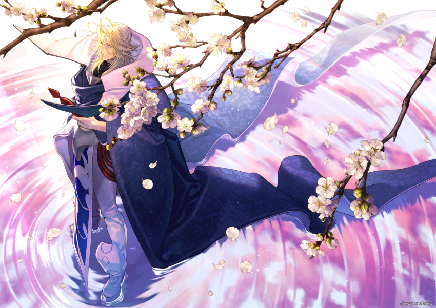 1boy, blonde_hair, blue_eyes, branch, bunchuu, cape, clouds, flower, high_collar, highres, houshin_engi, long_hair, male_focus, outdoors, reflection, ripples, solo, standing, third_eye, water, white_flower, yonesuke