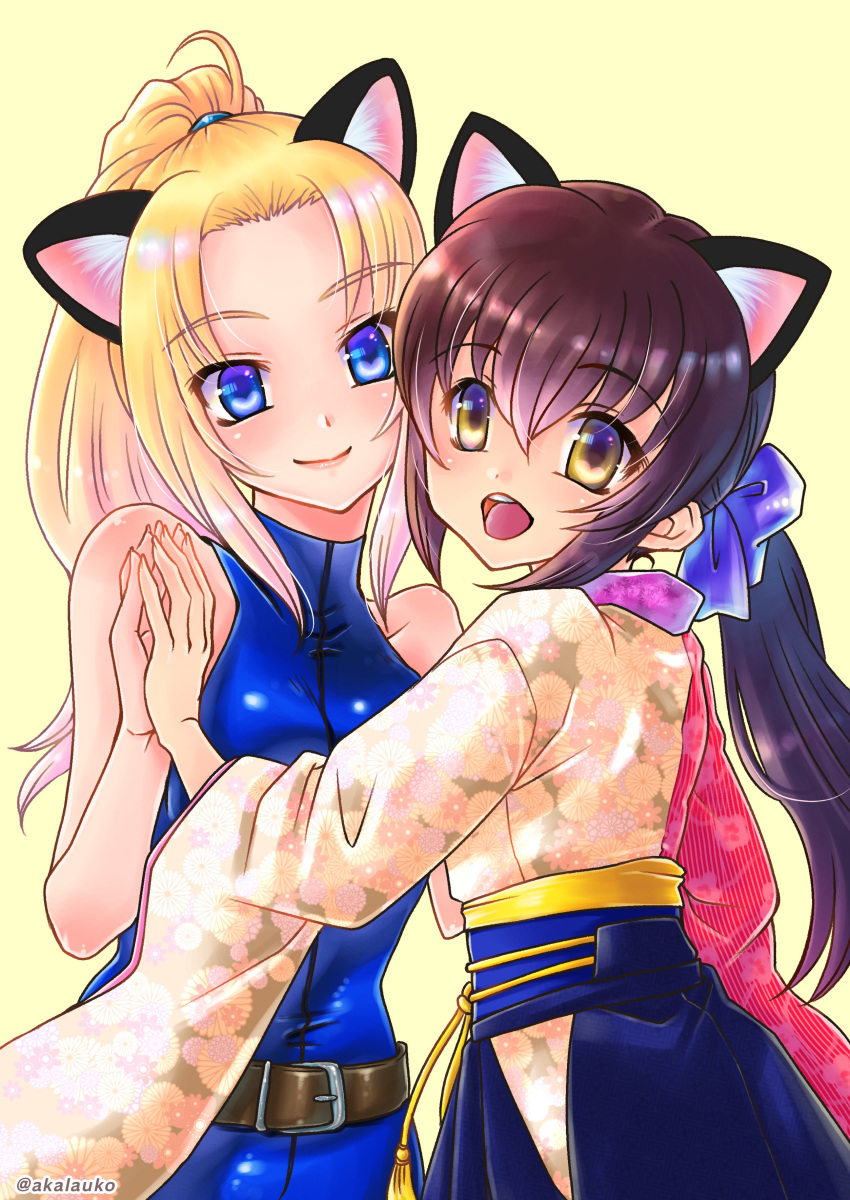 2girls, absurdres, animal_ears, belt, black_hair, blonde_hair, blue_bodysuit, blue_eyes