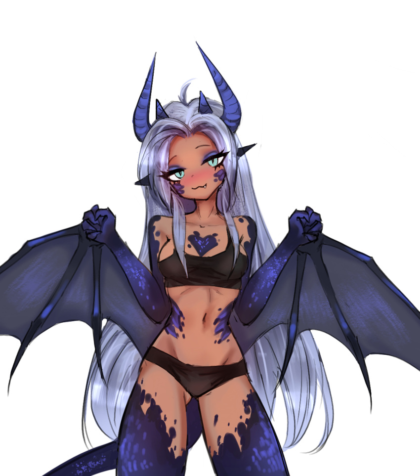 blue_eyes, breasts, dark-skinned_female, dark_skin, dragon, fishnets, highres, horns