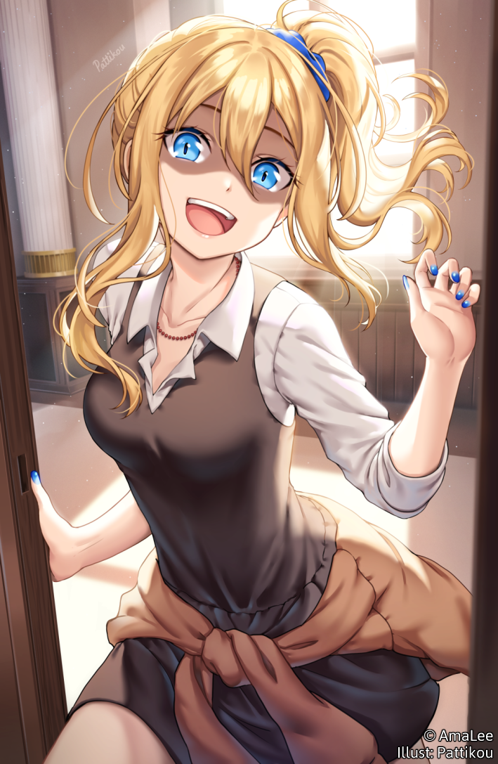 1girl, :d, artist_name, bangs, black_skirt, black_vest, blonde_hair, blue_eyes, blue_nails, blush, breasts, brown_cardigan, cardigan, cardigan_around_waist, clothes_around_waist, collarbone, collared_shirt, commentary, english_commentary, hair_between_eyes, hayasaka_ai, indoors, kaguya-sama_wa_kokurasetai_~tensai-tachi_no_renai_zunousen~, long_hair, long_sleeves, looking_at_viewer, medium_breasts, nail_polish, open_mouth, pattiko, shirt, side_ponytail, signature, skirt, smile, solo, vest, white_shirt, window