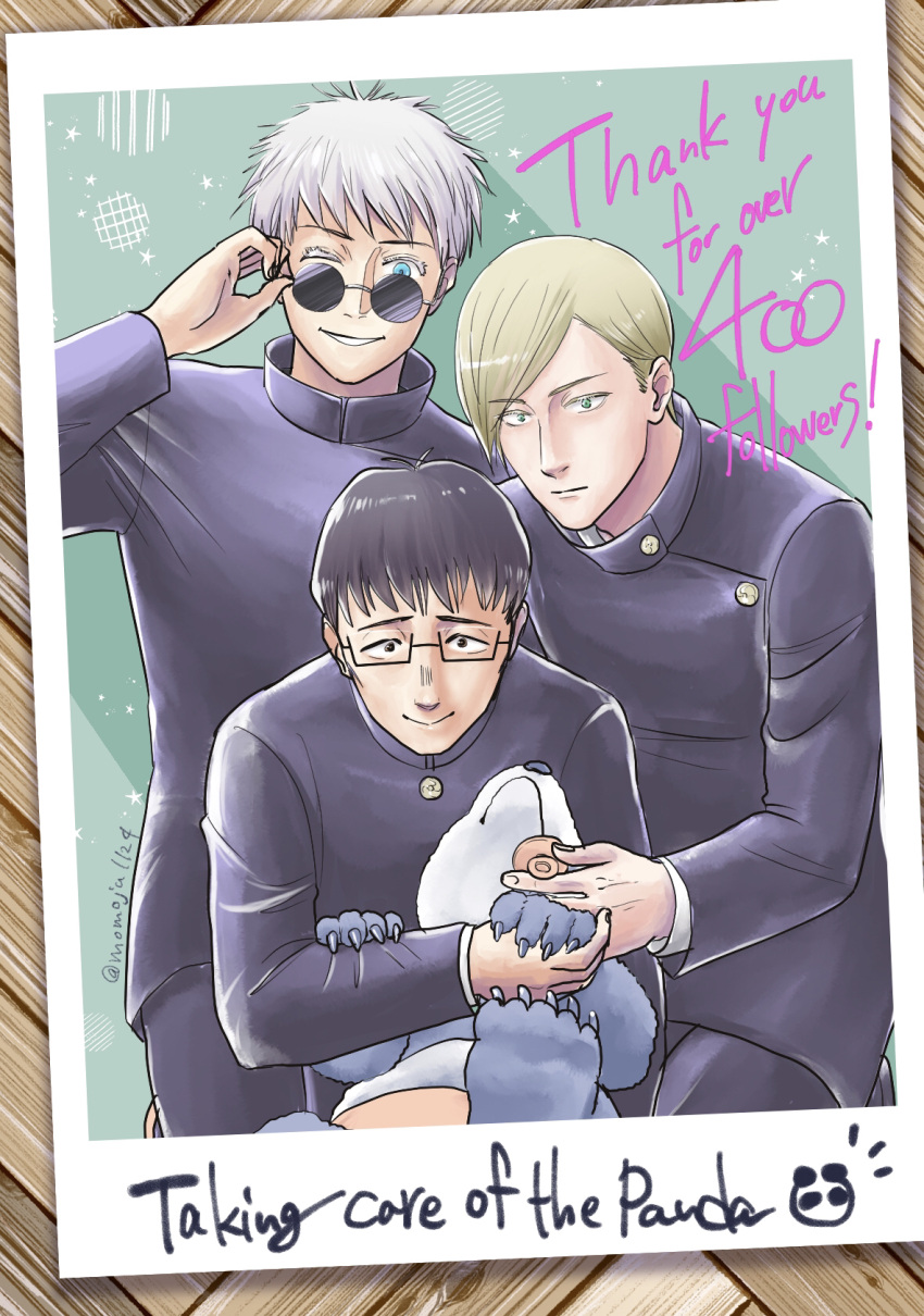 4boys, adjusting_eyewear, animal, black_hair, blonde_hair, blue_eyes, character_name, gakuran