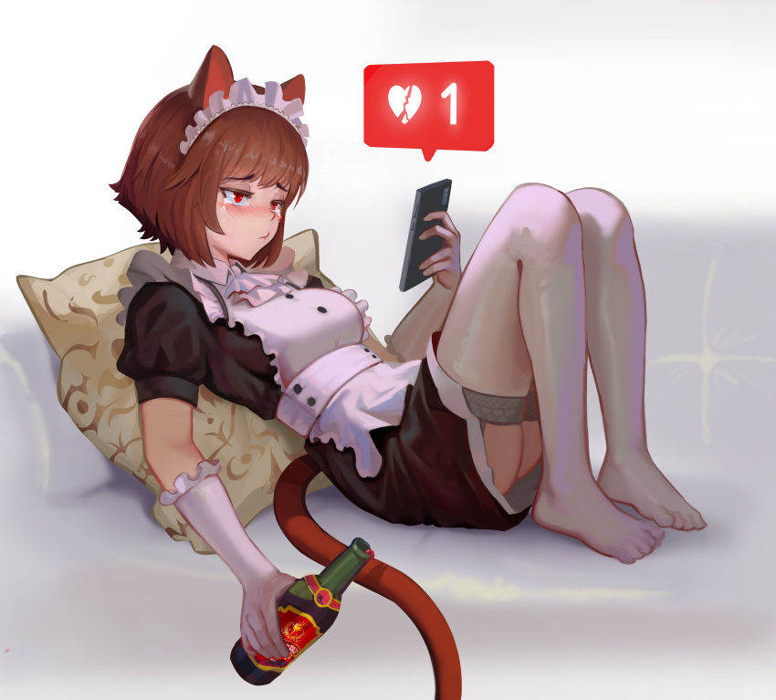 1girl, absurdres, animal_ears, aoshiseven, apron, blush, bottle, broken_heart, cat_ears, cellphone, commentary, elbow_gloves, eyebrows_visible_through_hair, gloves, highres, holding, holding_bottle, maid, maid_apron, maid_headdress, original, phone, pillow, red_eyes, smartphone, solo, tears, thigh-highs, white_gloves, white_headwear, white_legwear, wine_bottle