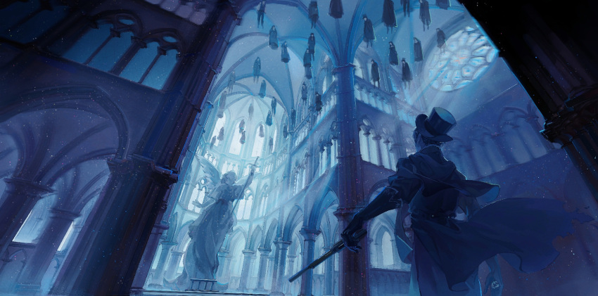 6+boys, 6+girls, angel_wings, arch, architecture, black_coat, black_headwear, black_pants, bodies, church, coat, dress, formal, gloves, gun, hanging, hat, highres, interior, jacket, klein_moretti, looking_at_object, lord_of_the_mysteries, moonlight, mrthersh, multiple_boys, multiple_girls, pants, stained_glass, statue, suit, sword, top_hat, weapon, window, wings