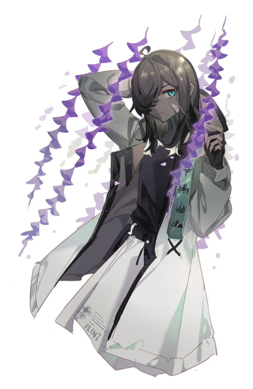 1girl, ahoge, arknights, arm_behind_head, bandaid, bandaid_on_face, black_gloves, black_nails