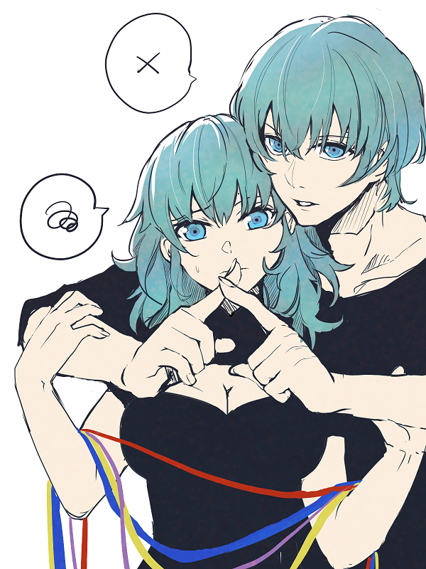 1boy, 1girl, black_shirt, blue_eyes, blue_ribbon, brother_and_sister, byleth_(fire_emblem), byleth_eisner_(female)