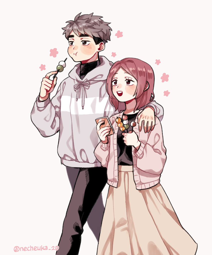 1boy, 1girl, arm_on_shoulder, beige_skirt, black_pants, black_shirt, blush_stickers, cardigan, casual, cellphone, couple, cowboy_shot, dango, drawstring, eating, eyebrows, eyelashes, flower_(symbol), food, grey_hair, grin, haikyuu!!, happy, height_difference, hetero, highres, holding, holding_food, holding_phone, hood, hood_down, hoodie, korean_commentary, long_skirt, long_sleeves, looking_to_the_side, mitarashi_dango, miya_osamu, multicolored_hair, necheuka_2d, open_cardigan, open_clothes, pants, phone, pink_cardigan, redhead, sanshoku_dango, shirofuku_yukie, shirt, short_hair, simple_background, skewer, skirt, smile, striped, striped_hoodie, teeth, turtleneck, twitter_username, two-tone_hair, wagashi, walking