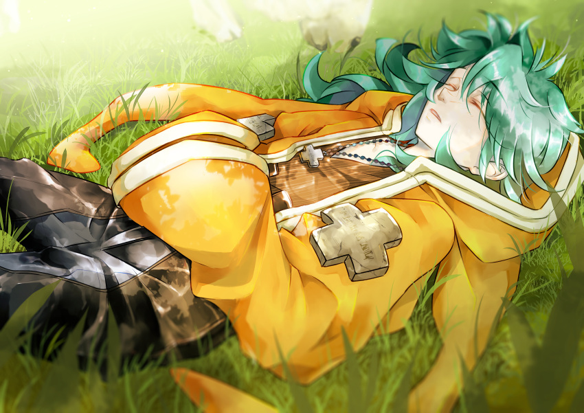 1boy, absurdres, bangs, closed_eyes, coat, grass, green_hair, hands_on_own_stomach