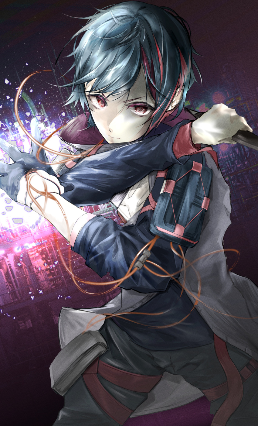 1boy, aura, black_hair, furofuroppi, gloves, highres, multicolored_hair, red_eyes