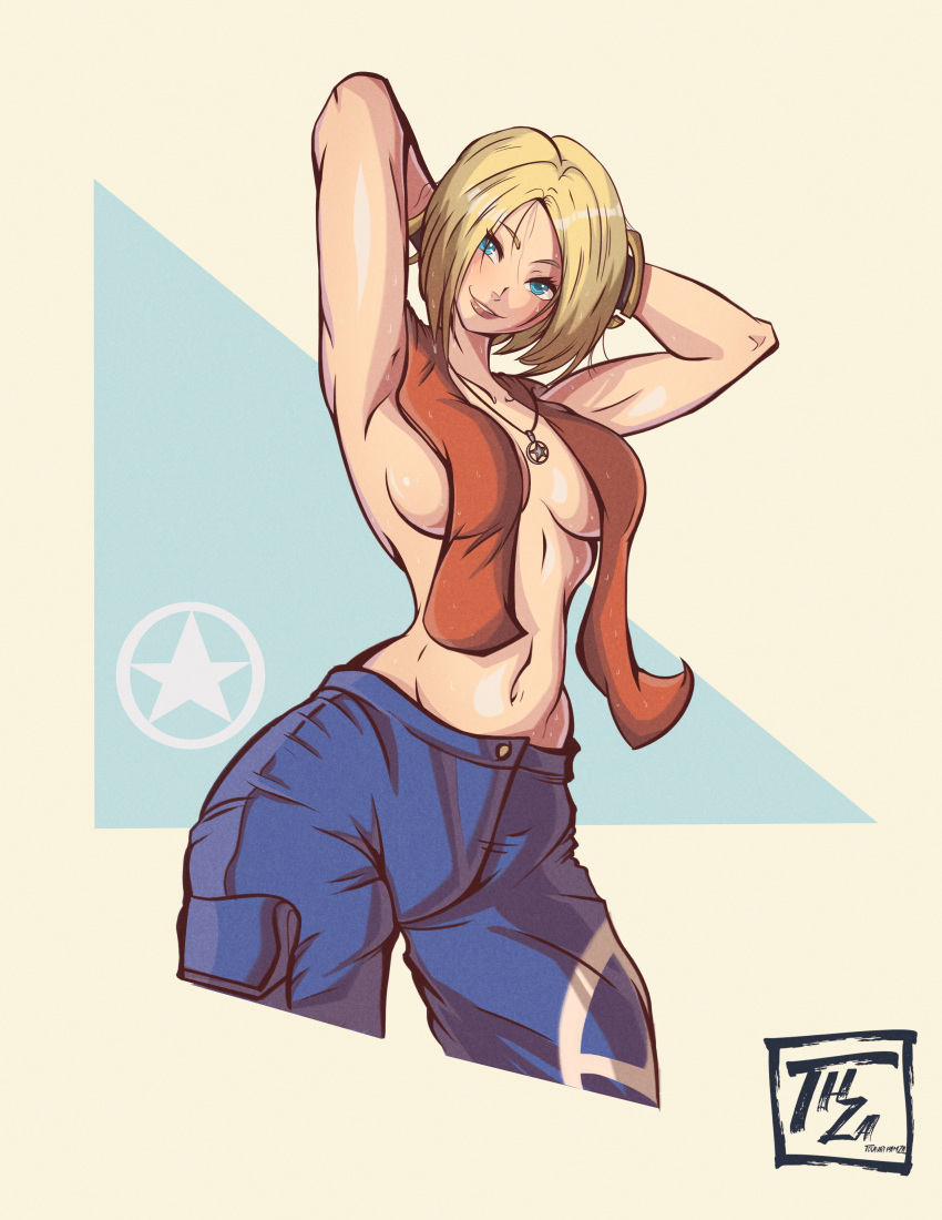 1girl, absurdres, armpits, baggy_pants, bare_shoulders, blonde_hair, blue_eyes, blue_mary