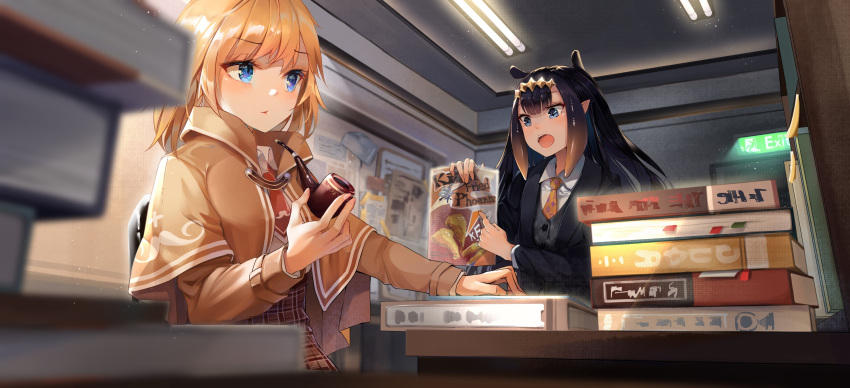 2girls, :o, absurdres, alternate_costume, bag, bangs, barrier_mao, beige_capelet