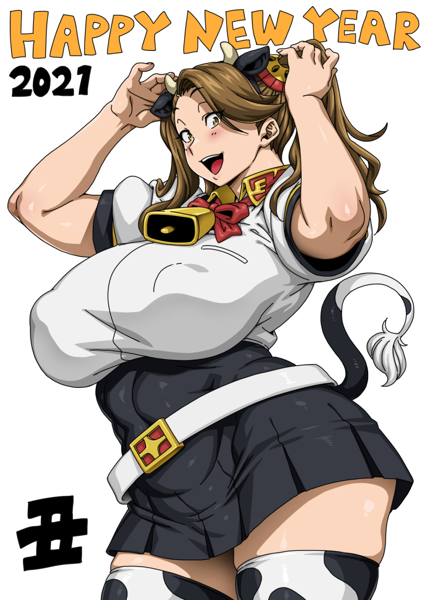 1girl, 2021, animal_ear_headwear, animal_ears, animal_print, arms_up, bell, belt, blush, bow, bowtie, breasts, brown_eyes, brown_hair, chinese_zodiac, collar, covered_nipples, cow_ears, cow_horns, cow_print, cow_tail, cowbell, cowboy_shot, eyebrows_visible_through_hair, gundam, gundam_build_fighters, gundam_build_fighters_try, hairband, happy_new_year, highres, horns, jun_(rojiura_jack), large_breasts, long_hair, looking_at_viewer, looking_to_the_side, neck_bell, new_year, open_mouth, pleated_skirt, plump, pocket, sazaki_kaoruko, shadow, short_sleeves, skirt, solo, standing, tail, thick_thighs, thigh-highs, thighs, twintails, white_background, wing_collar, year_of_the_ox