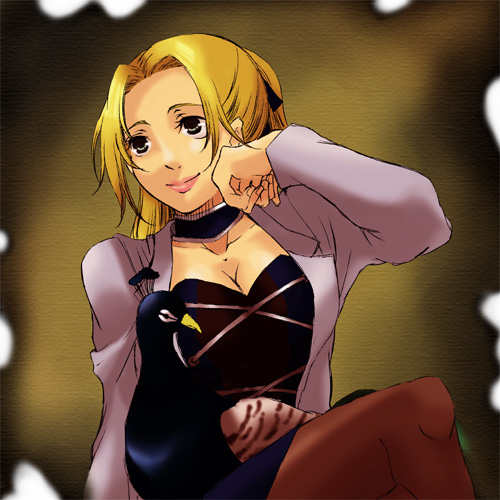 bird, black_eyes, blonde_hair, choker, female, k2t2, long_hair, margarete_gertrude_zelle, pantyhose, shadow_hearts, sitting, solo, trenchcoat