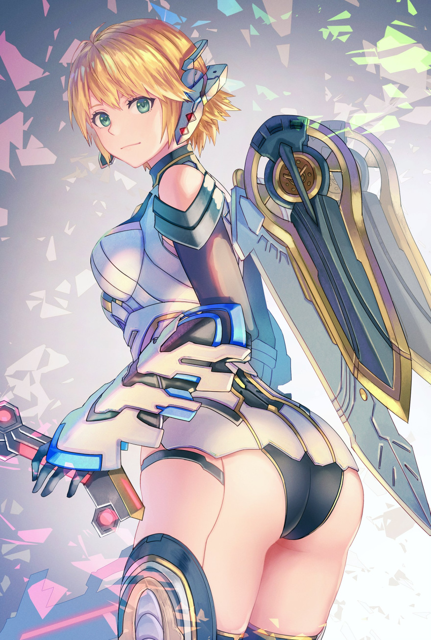 1girl, absurdres, anbe_yoshirou, armor, blonde_hair, breasts, cyborg, fiora_(xenoblade), green_eyes, highres, holding, large_breasts, looking_at_viewer, mecha-fiora, short_hair, smile, solo, sword, weapon, xenoblade_chronicles, xenoblade_chronicles_(series)