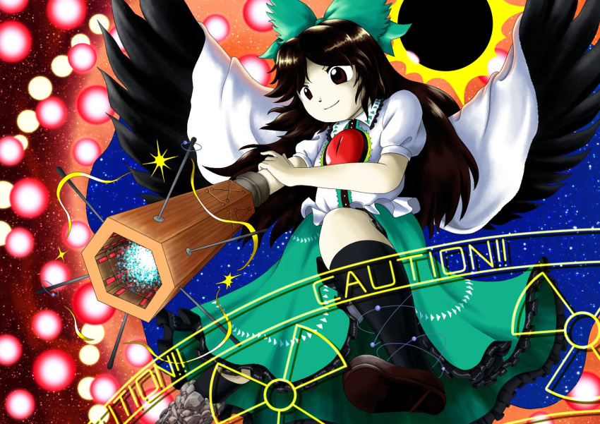1girl, arm_cannon, atom, bird_wings, black_legwear, black_wings, blouse, bow