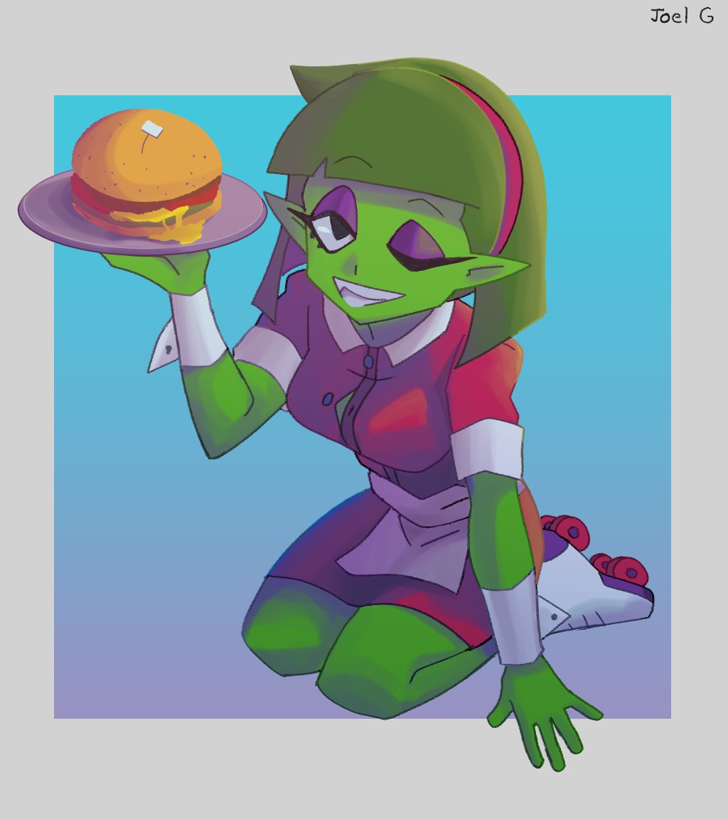 1girl, apron, burger, button_gap, collared_dress, colored_skin, dress, eyeshadow, food, green_hair, green_skin, hands_up!, holding, joel_guerra, kneeling, makeup, margo_(joel_g), one_eye_closed, pointy_ears, red_dress, roller_skates, short_hair, short_sleeves, signature, skates, solo