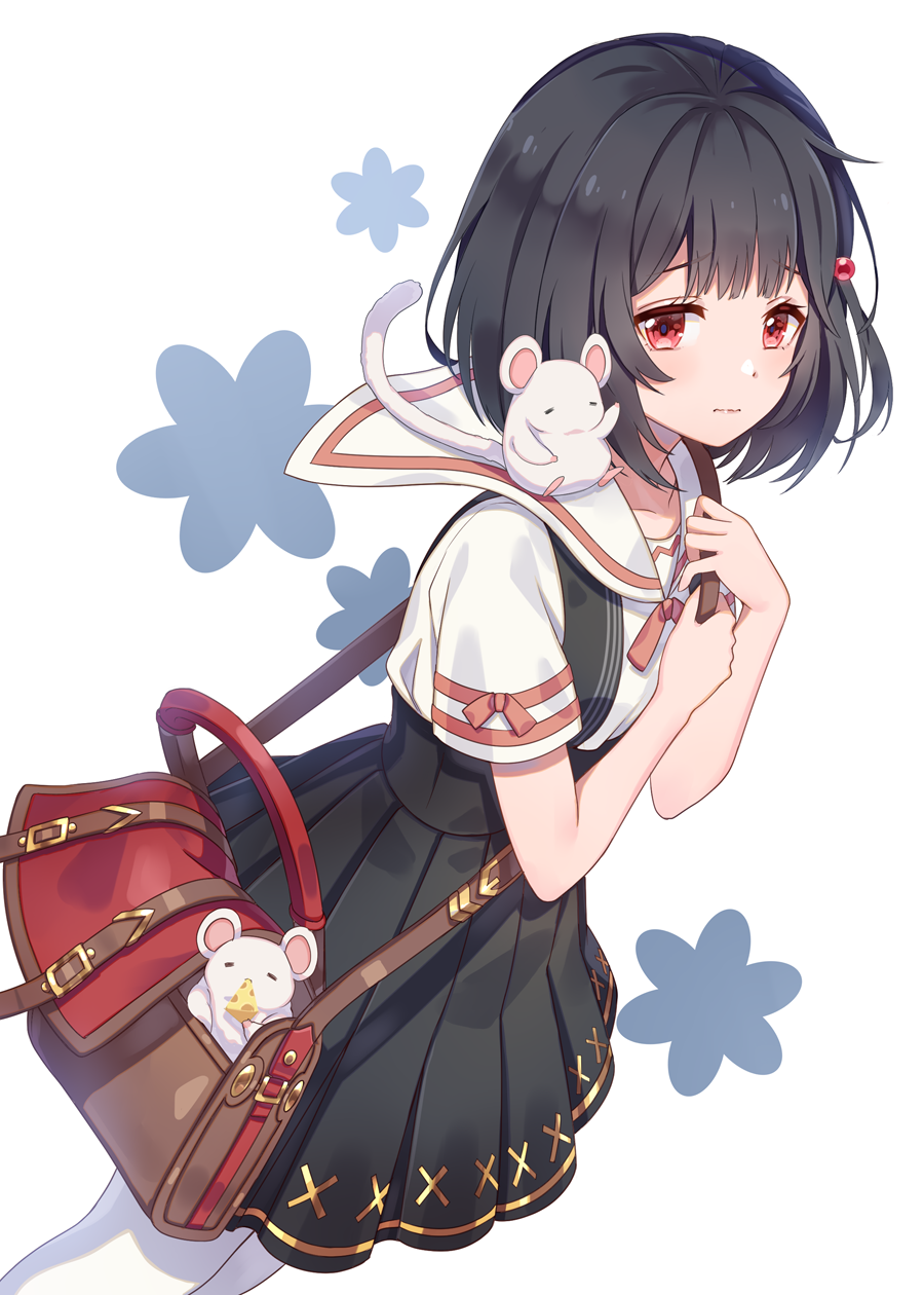 1girl, animal_on_shoulder, bag, beads, black_dress, black_hair, blue_flower, commentary_request