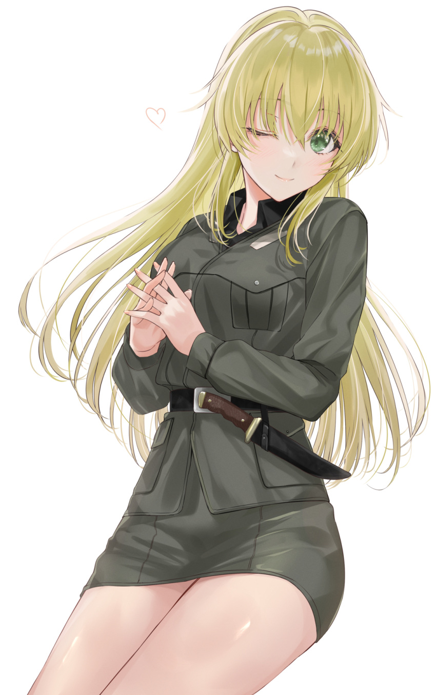 1girl, ;), anzio_military_uniform, bangs, belt, black_belt, black_shirt, blonde_hair