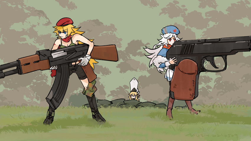 3girls, ak-47, ak47_(girls_frontline), assault_rifle, bare_shoulders, beret, blonde_hair, blue_eyes, blue_headwear, boots, capelet, fur_hat, fur_trim, girls_frontline, gloves, grass, gun, handgun, hat, highres, holding, holding_gun, holding_weapon, kolibri_(girls_frontline), long_hair, makarov_(girls_frontline), makarov_pm, messy_hair, mouth_hold, multiple_girls, mush, outdoors, oversized_object, pleated_skirt, red_eyes, red_headwear, red_scarf, rifle, sandbag, scarf, shorts, skirt, ushanka, weapon, white_hair, white_headwear
