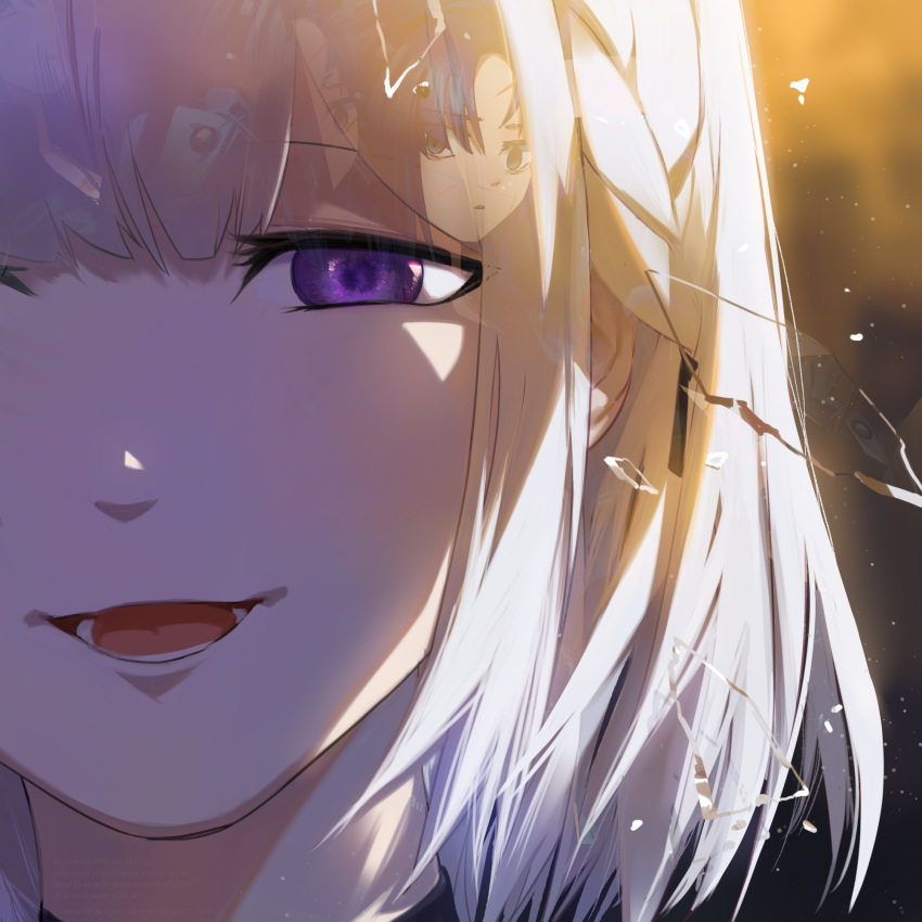 angelia_(girls_frontline), broken_glass, close-up, commentary_request, evil_smile, face, girls_frontline, glass