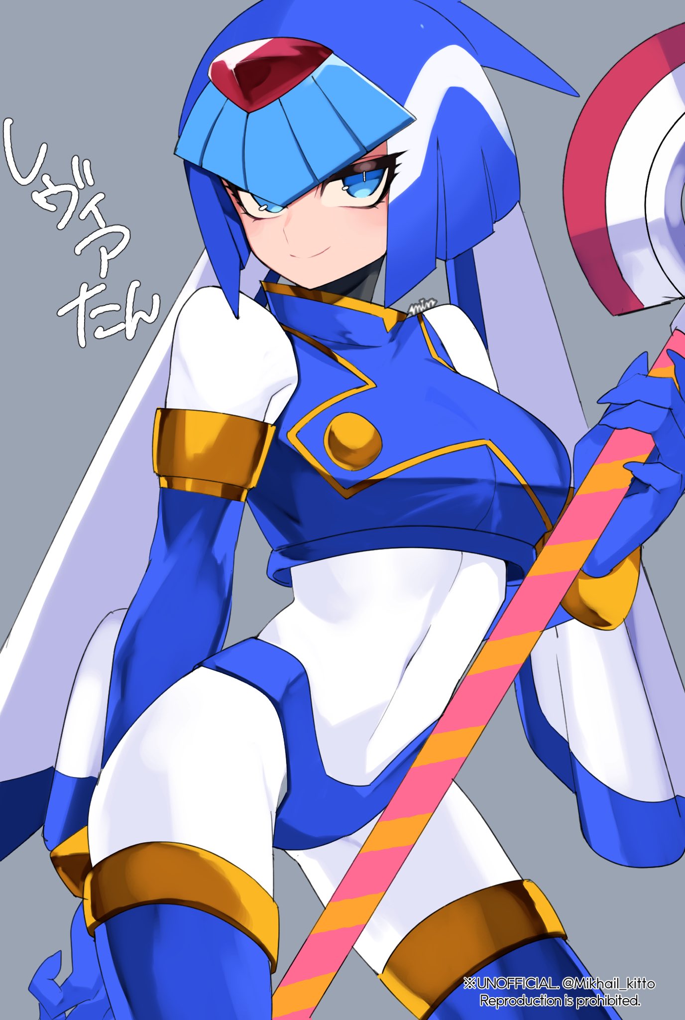 1girl, android, blue_eyes, blue_hair, bodysuit, boots, breasts, gloves