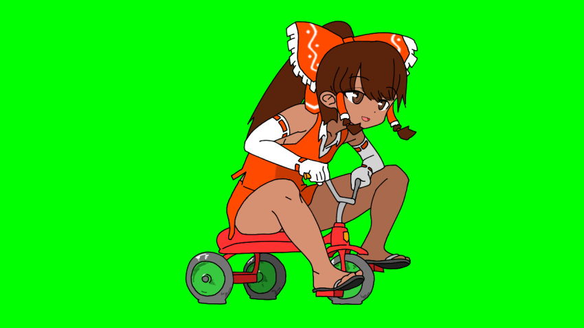 1girl, agucala_(cookie), alternate_skin_color, animated, animated_gif, bangs, bow, brown_eyes, brown_hair, commentary_request, cookie_(touhou), elbow_gloves, eyebrows_visible_through_hair, frilled_bow, frills, full_body, gloves, green_background, hair_between_eyes, hair_bow, hakurei_reimu, long_hair, looking_afar, meow25meow, open_mouth, panties, pantyshot, ponytail, red_bow, red_shirt, red_skirt, riding, sandals, shirt, simple_background, skirt, sleeveless, sleeveless_shirt, solo, tan, touhou, tricycle, underwear, white_gloves