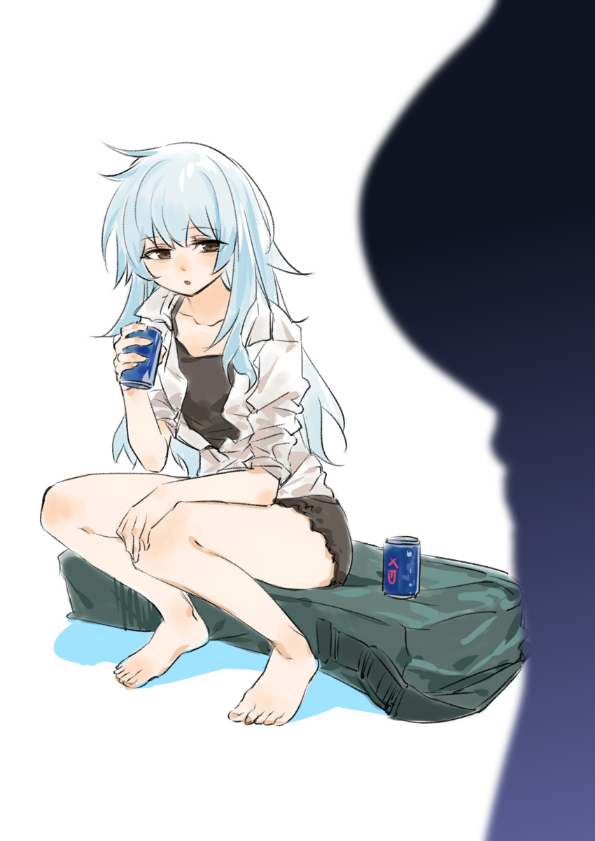 2girls, absurdres, bag, barefoot, black_shirt, brown_eyes, can, energy_drink
