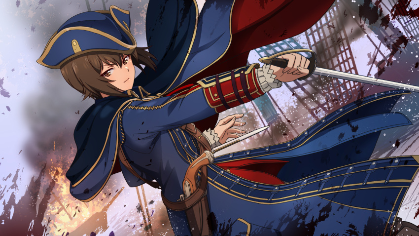 1girl, assassin's_creed_(series), assassin's_creed_iii, bangs, blue_coat, blue_headwear, brown_eyes, brown_hair