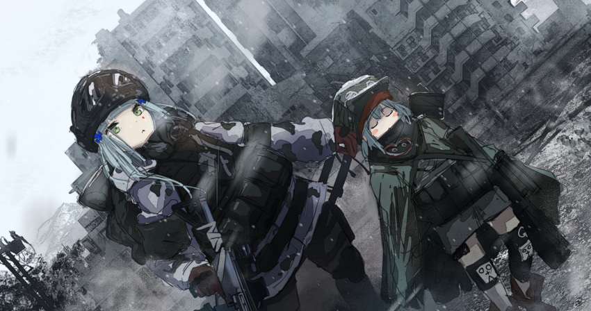 1girl, 2girls, :<, absurdres, assault_rifle, backpack, bag, blush_stickers