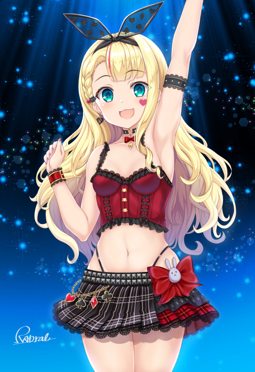 1girl, :3, :d, arm_strap, arm_up, armpits, bare_arms, bare_shoulders