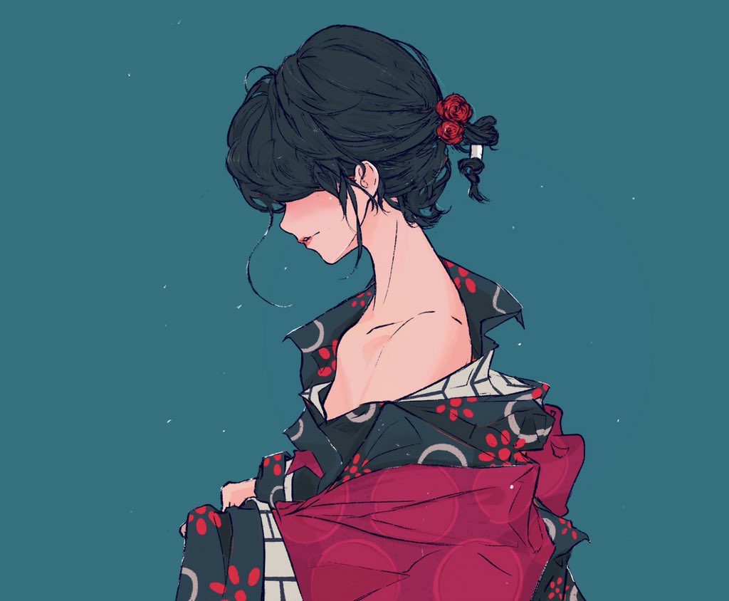 1girl, bare_shoulders, black_hair, blue_background, collarbone, elliemaplefox, hair_over_eyes, original