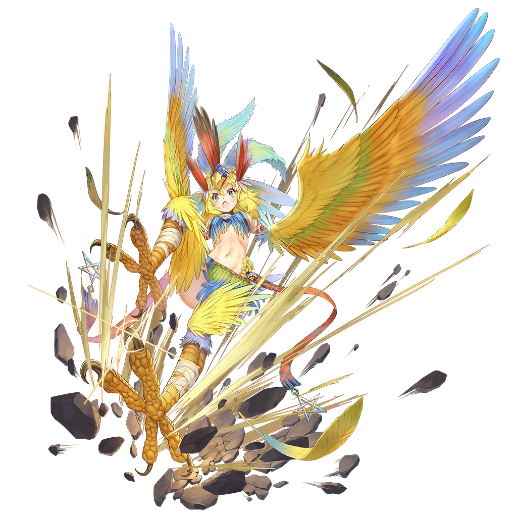 1girl, action, armlet, artist_request, bare_shoulders, bird_legs, bird_tail, blue_eyes, blue_feathers, breasts, clover_theater, feathered_wings, feathers, green_feathers, harpy, headdress, kicking, lena_(clover_theater), medium_breasts, monster_girl, multicolored, multicolored_wings, navel, official_art, open_mouth, pentagram, red_feathers, revealing_clothes, solo, tail, tail_feathers, talons, winged_arms, wings, yellow_feathers, yellow_pupils