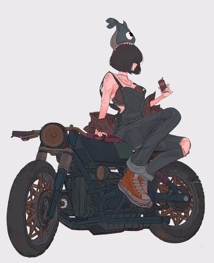 1girl, black_hair, black_overalls, brown_sports_bra, elliemaplefox, ground_vehicle, hair_over_eyes, hand_up