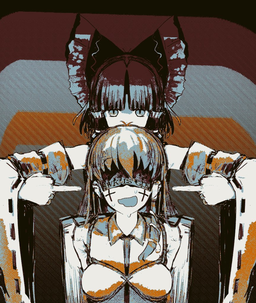 2girls, bangs, benikurage_(cookie), blindfold, bow, clothes_writing, collared_shirt, cookie_(touhou)