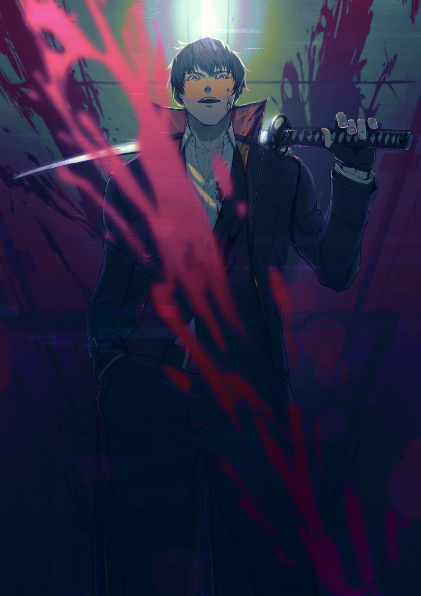 1boy, belt, blood, blood_splatter, bloody_clothes, coat, fate/grand_order, fate_(series), formal, hand_in_pocket, highres, katana, male_focus, mizuna237, neon_lights, over_shoulder, saitou_hajime_(fate), suit, sword, weapon, weapon_over_shoulder